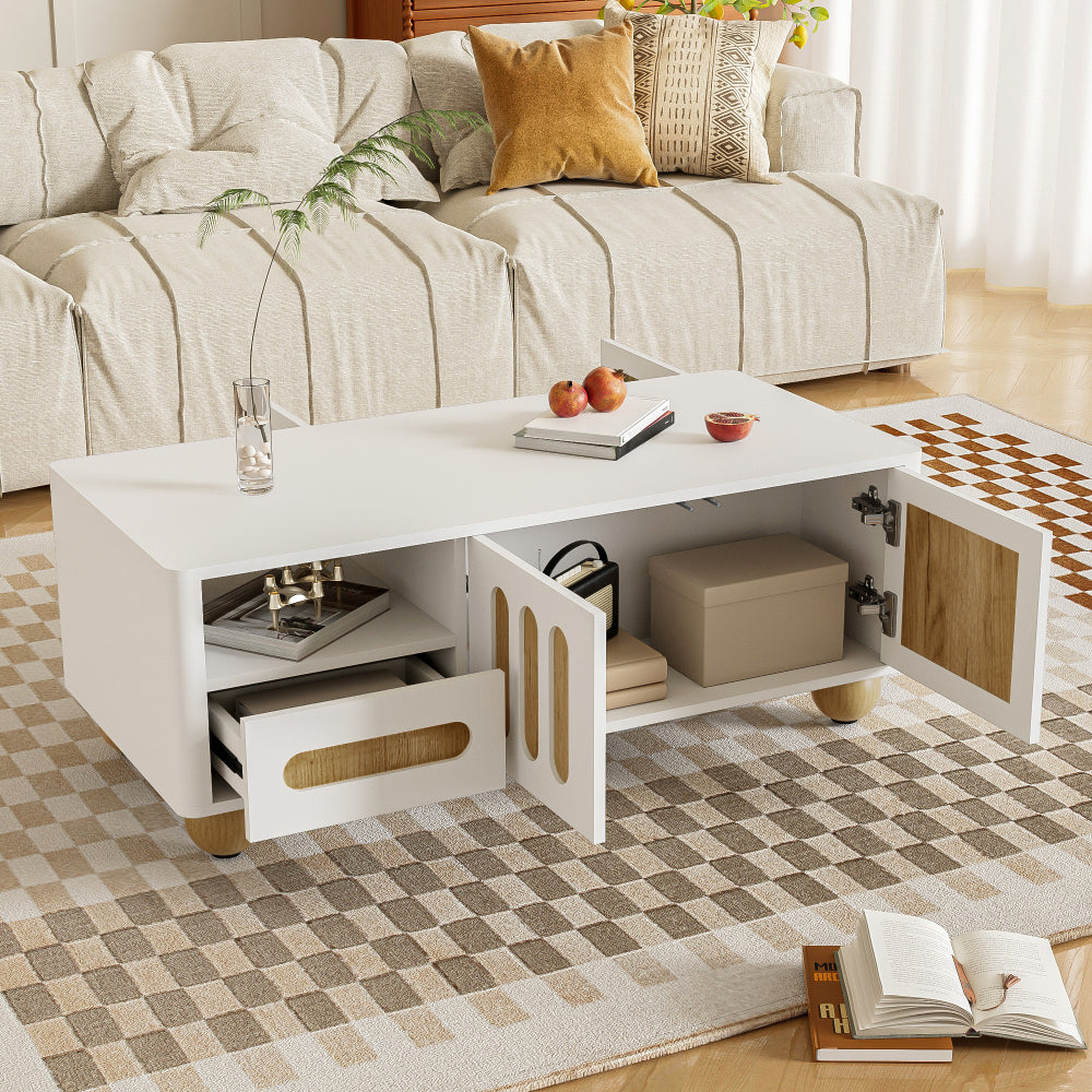 Salontafel – Koffietafel – Woonkamertafel – Bijzettafel – Tafel – Wit Houtlook – 105x50x40 cm – Met 4 Deuren en 2 Lades – Afgeronde Hoeken en Bolvormige Poten
