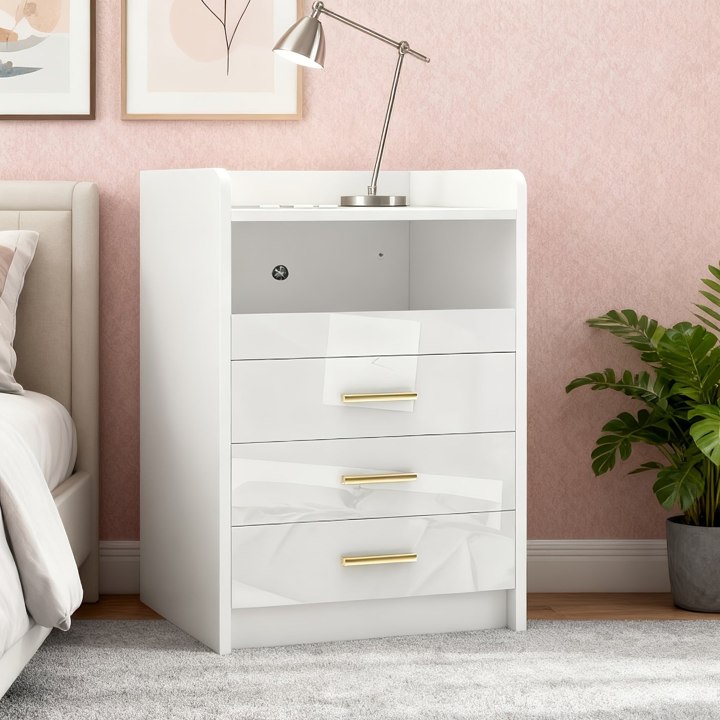 Witte Moderne Nachtkast – Zwaar Belastbaar, 3 Lades en Open Plank – Compacte, Smalle Kast voor Kleine Ruimtes met Gouden Knoppen, Houten Look Bovenblad, Eenvoudige Montage