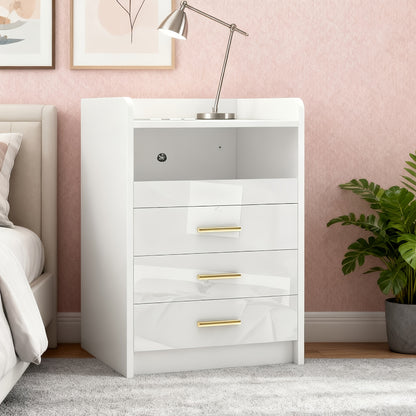Witte Moderne Nachtkast – Zwaar Belastbaar, 3 Lades en Open Plank – Compacte, Smalle Kast voor Kleine Ruimtes met Gouden Knoppen, Houten Look Bovenblad, Eenvoudige Montage