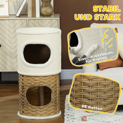 Katzenkrabpaal – Krabton – Kattenpaal – Kattenboom – Kattenhuis – Crèmewit – Drie Niveaus – Sisal Krabpaal – 80 cm Hoog – Ø 40 cm