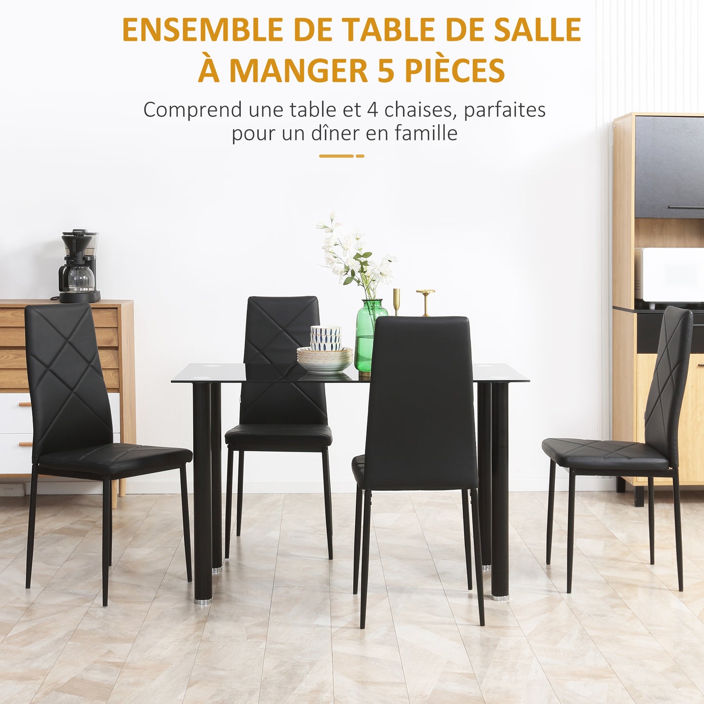 Eettafelset – Eethoek – Keukentafelset – Eettafel Met Stoelen – Zitgroep – Gehard Glas Tafelblad – Gepoedercoat Stalen Onderstel – Zwart