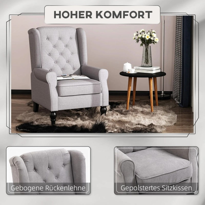 Fauteuil – Armstoel – Loungechair – Zetel – Relaxstoel – Grijs – Button-tufting – 74x86x102 cm – Polyester Bekleding – Houten Poten