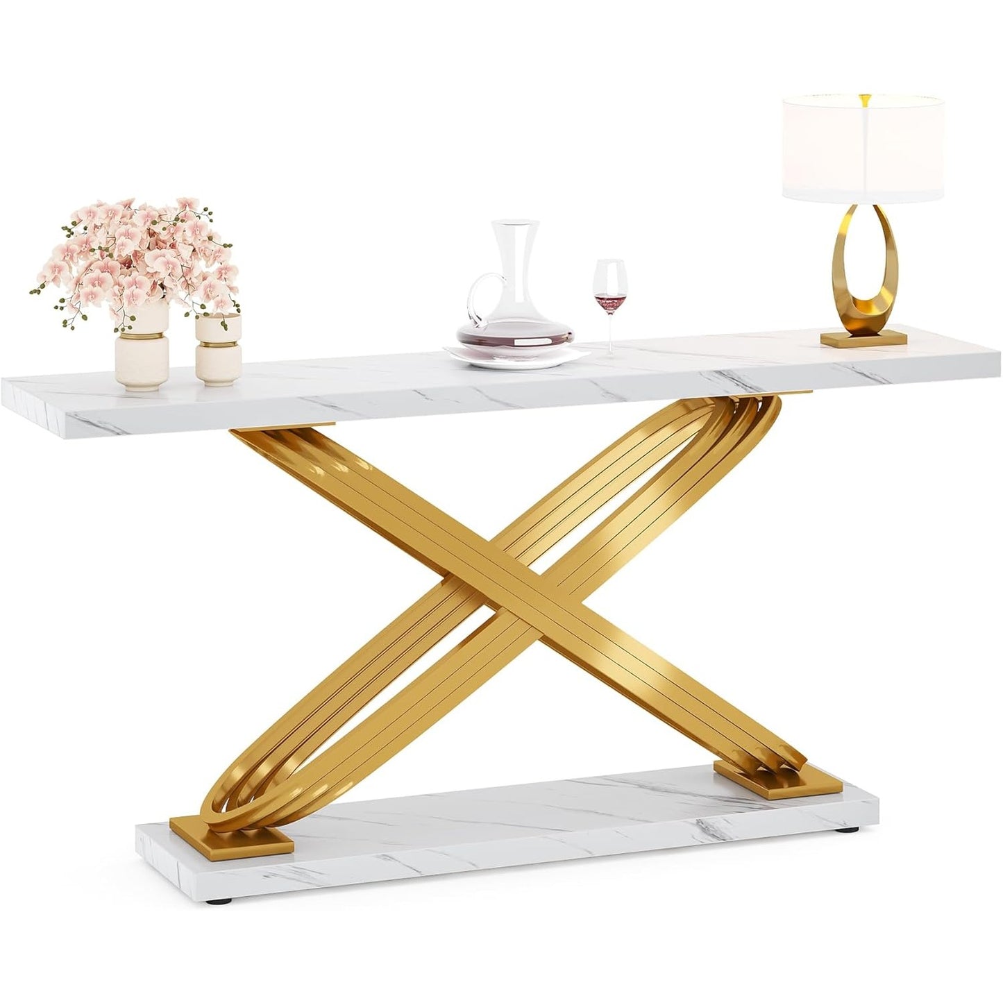 Sidetable – Consoletafel – Haltafel – Banktafel – Bijzettafel – Wit Faux Marmeren Blad – Gouden Metalen Frame – 139,7 cm Breed – Modern Design