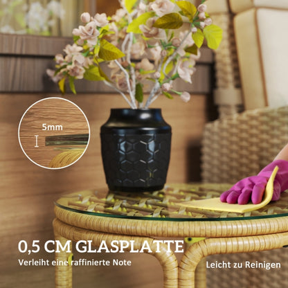 Bijzettafel – Sidetable – Nachtkastje – Salontafel – Banktafel – Rond Polyrattan – Geel – Glasblad – Ø50 cm – Weerbestendig – Eenvoudige Montage