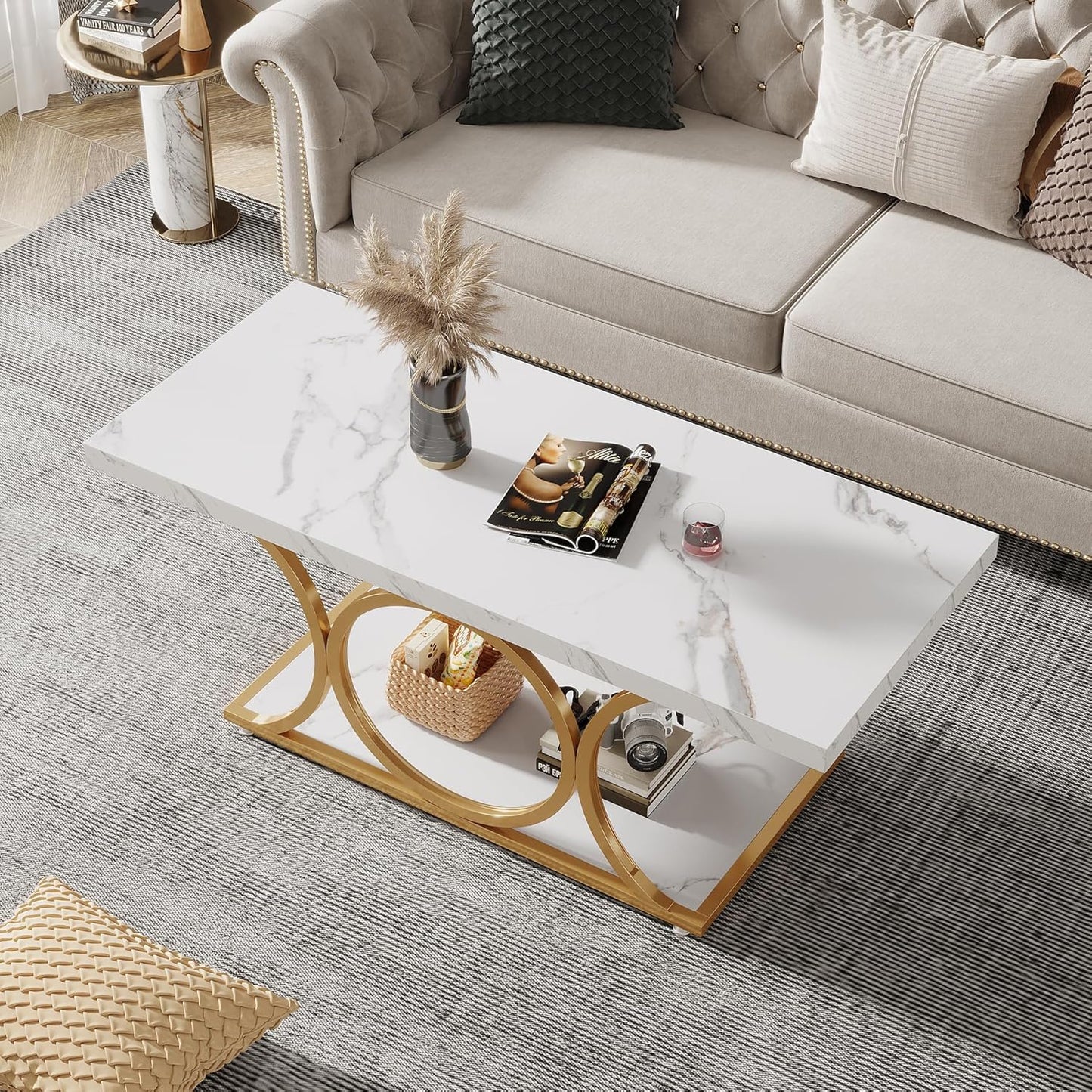 Salontafel – Koffietafel – Woonkamertafel – Tafel – Bijzettafel – Wit & Goud – 120 cm – 2-laags met Opbergruimte