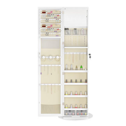 Sieradendoos – Juwelendoos – Sieradenkast – Schmucklade – Sieradenopberger – 360° Draaibare Spiegel – Beveiligd Met Slot – Ruime Opbergruimte – Vrijstaand – Hoogwaardig MDF & Staal – Wit