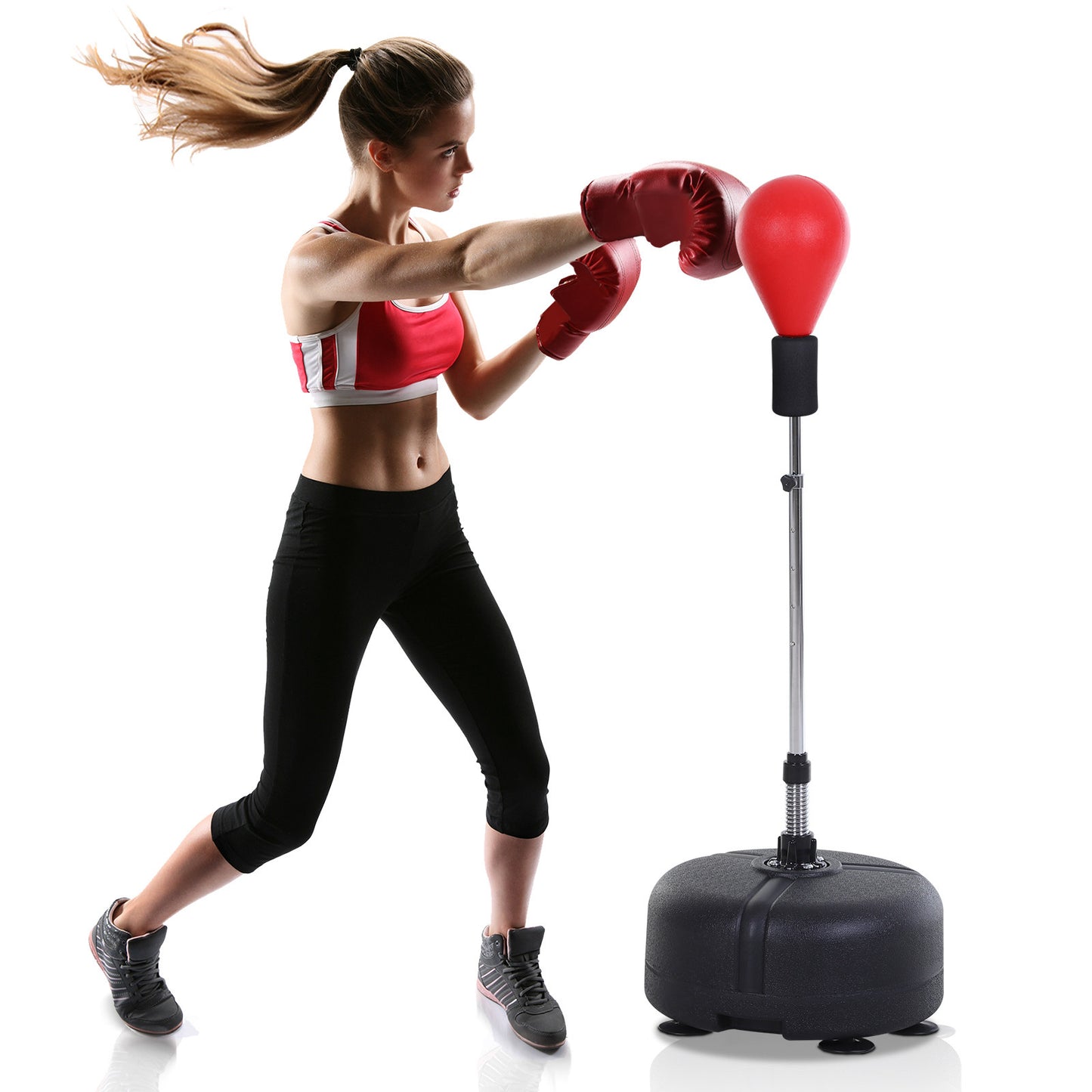 Punching Ball Set – Bokszak – Bokstraining Set – Stootbal – Bokshandschoenen Set – Verstelbare Hoogte 136-154 cm – Duurzaam IJzer Frame – Zwart Rood
