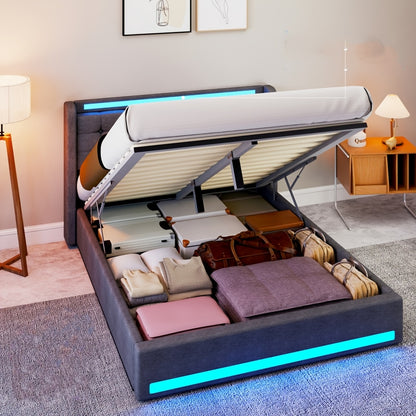 140x200cm/160x200cm Modern Grey Upholstered Ottoman Bed with Hydraulic Lift & Underbed Storage, Surround LED Lighting - Gas Lift Bed Frame Suitable for Small Spaces, Assembly, No Mattress Included