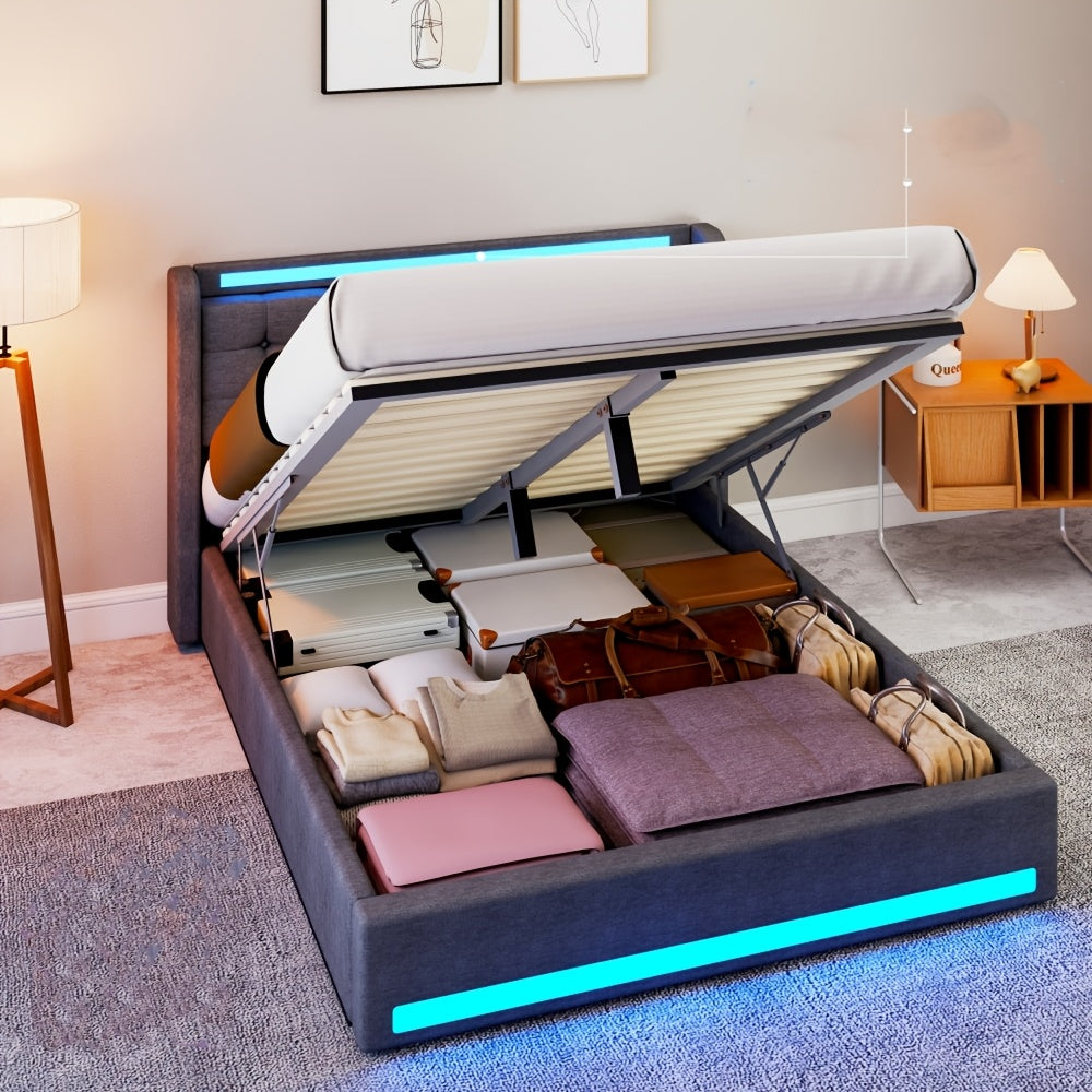 Bed – Ottomane Bed – Opbergbed – Gaslift Bed – Gestoffeerd Bed – 140x200 cm – Hydraulische Lift – Ingebouwde LED Verlichting