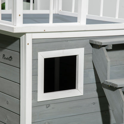 Hondenhok – Hondenhuis – Hondenmand – Hondenverblijf – Huisdierhut – Met Balkon en Trap – Waterbestendig Vurenhout – Ruime Ventilatie – Lichtgrijs