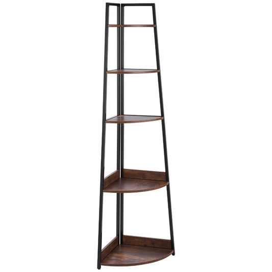 5-laagse Hoekplank – Hoekrek – Hoekboekenkast – Plantentafel – Vloerplank – Vrijstaand Design – Duurzaam Hout Bruin