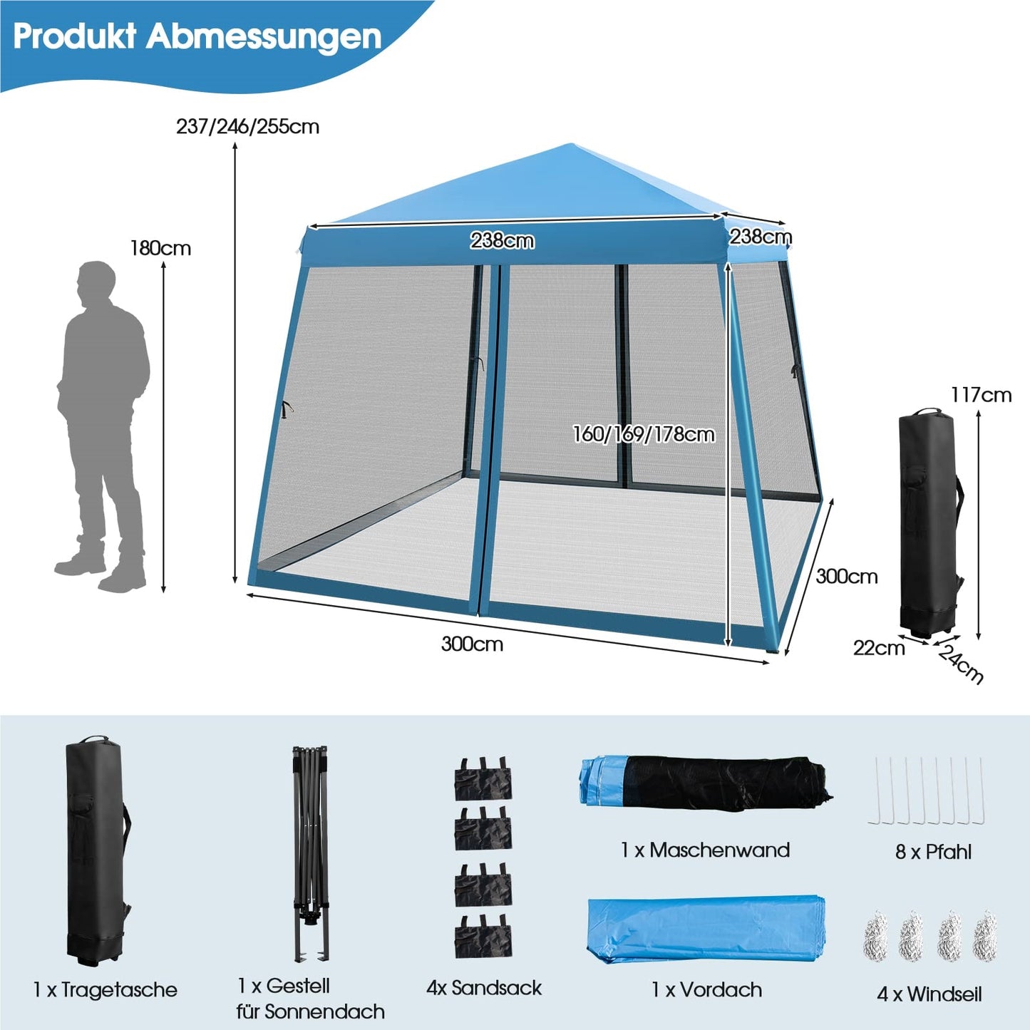 Pop-up Paviljoen – Tuinpaviljoen – Partytent – Overkapping – Pergola – Met Muggennet – UV Bescherming 50+ – 3x3 Meter – Inklapbaar – Met Zandzakken – Blauw