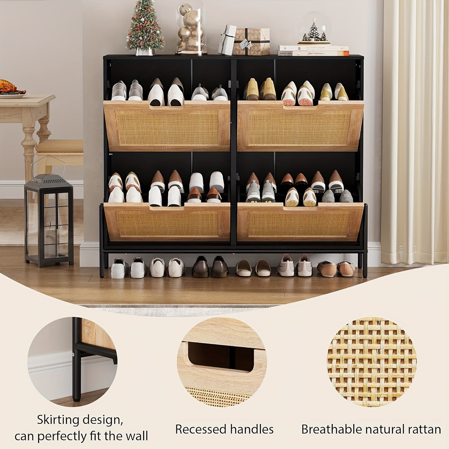 Schoenenkast – Schoenenrek – Schoenenopberger – Schoenenbank – Halkast – Smal Model – Rattan Materiaal – 8 Verstelbare Vakken – Compact 100x24x88 cm