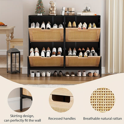 Schoenenkast – Schoenenrek – Schoenenopberger – Schoenenbank – Halkast – Smal Model – Rattan Materiaal – 8 Verstelbare Vakken – Compact 100x24x88 cm