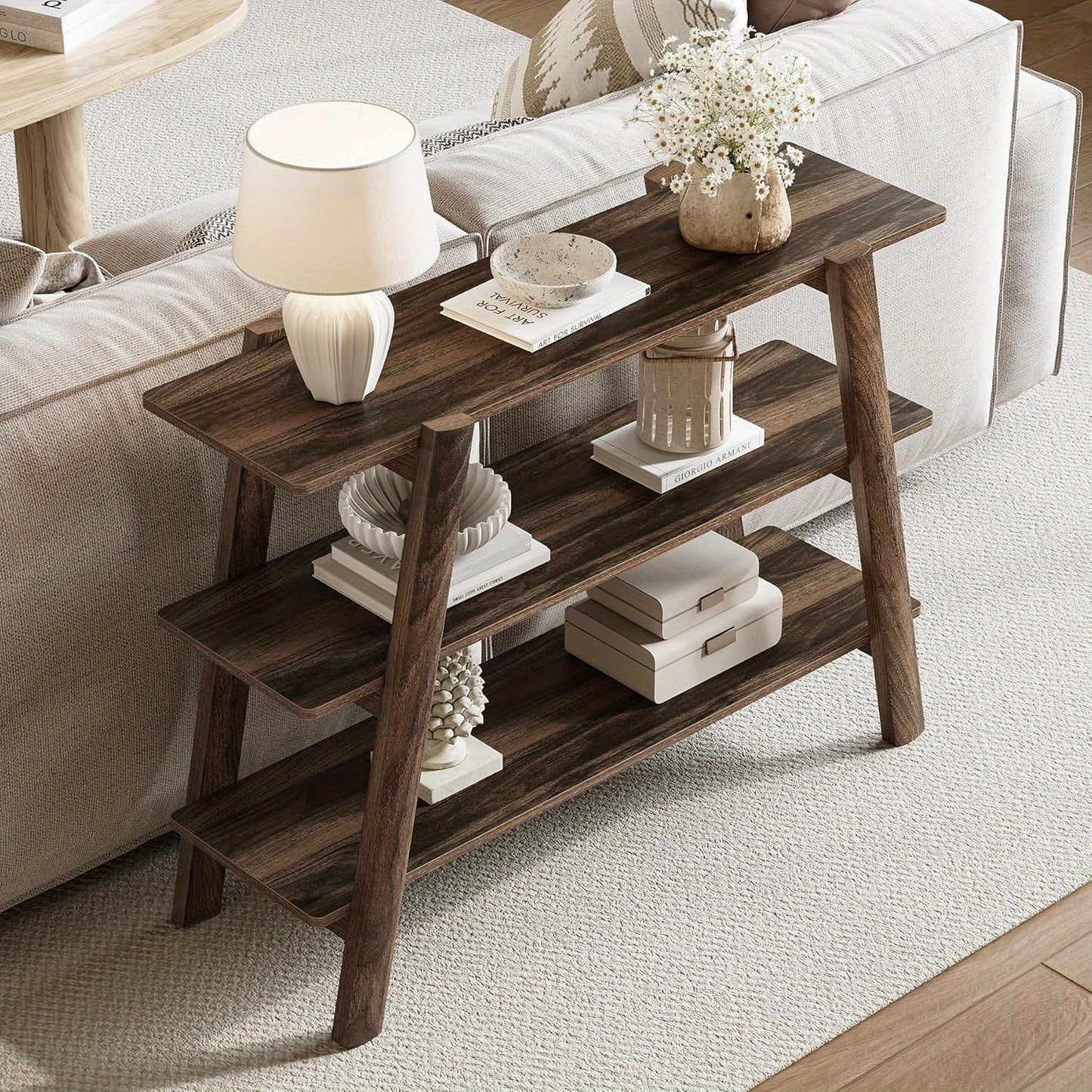 Sidetable – Consoletafel – Wandtafel – Haltafel – Sofa tafel – Smal ontwerp met 3 open planken – Duurzaam houtlook materiaal