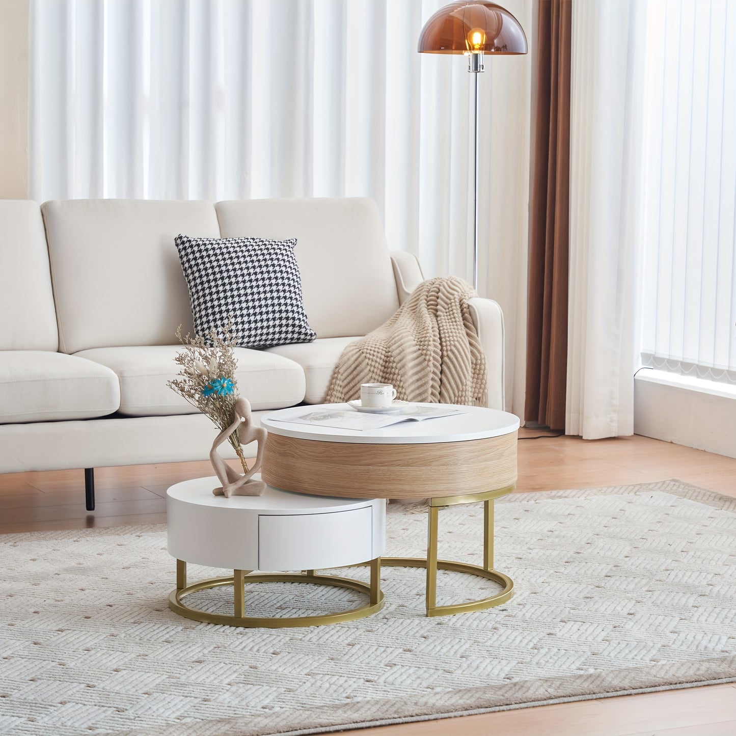 Bijzettafels – Salontafel – Side Table – Nesting Tafels – Opbergtafel – Houten Set – Inklapbaar Ontwerp – Opberglades – Wit Met Gouden Accenten