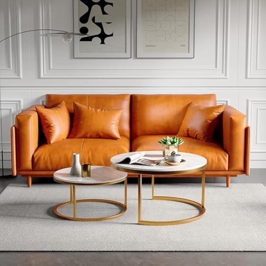 Ronde Salontafel – Bijzettafel – Nesting Tafel – Koffietafel – Woonkamer Tafel – Set van 2 – MDF en Massief Houten Blad – Goud Metaal Frame – Compact en Modulair Design