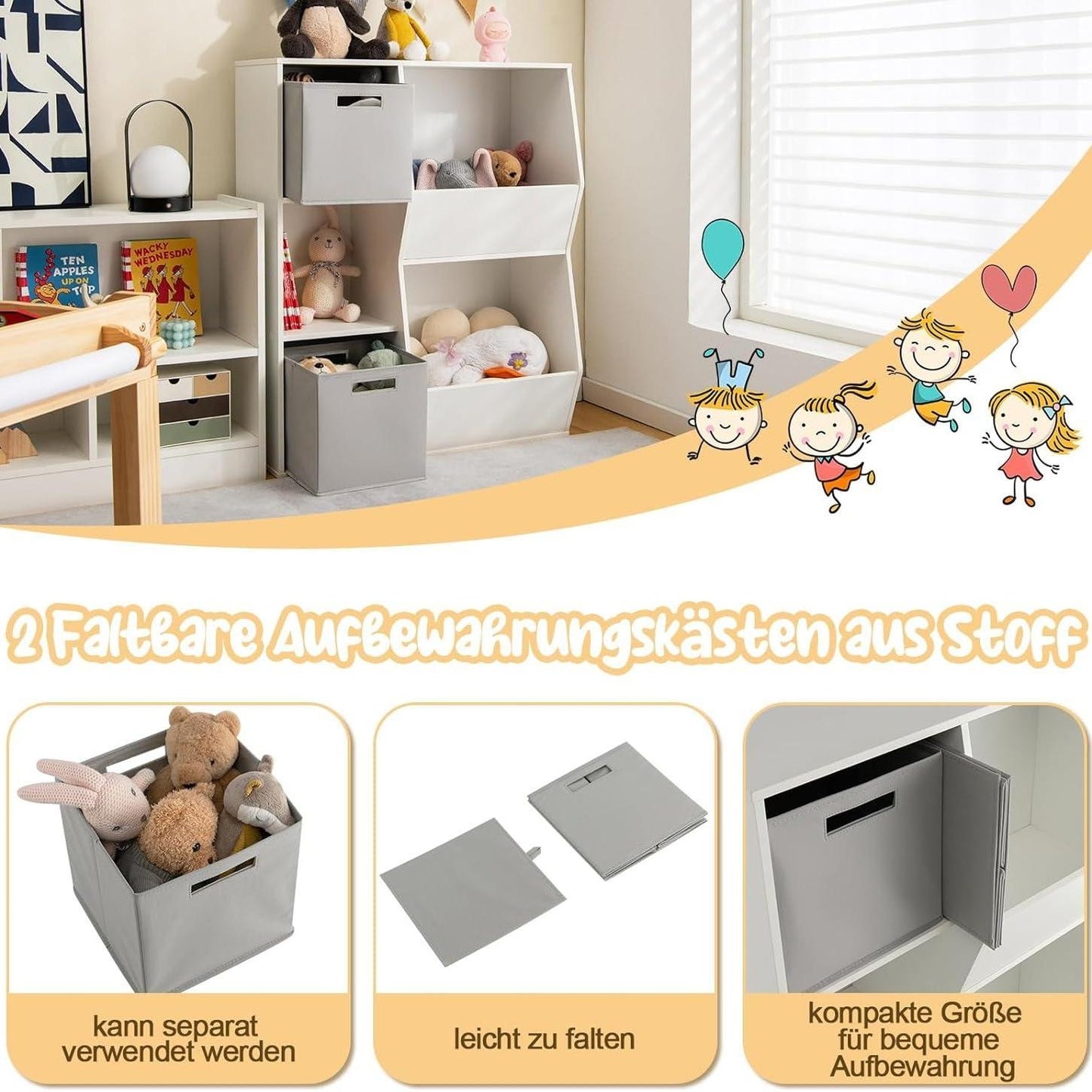 Opbergkast Kind – Speelgoedkast – Boekenkast – Kindermeubel – Opbergrek – 5 Vakken – 2 Stoffen Binten – Wit Hout – Compact & Stevig Design – Kindvriendelijk