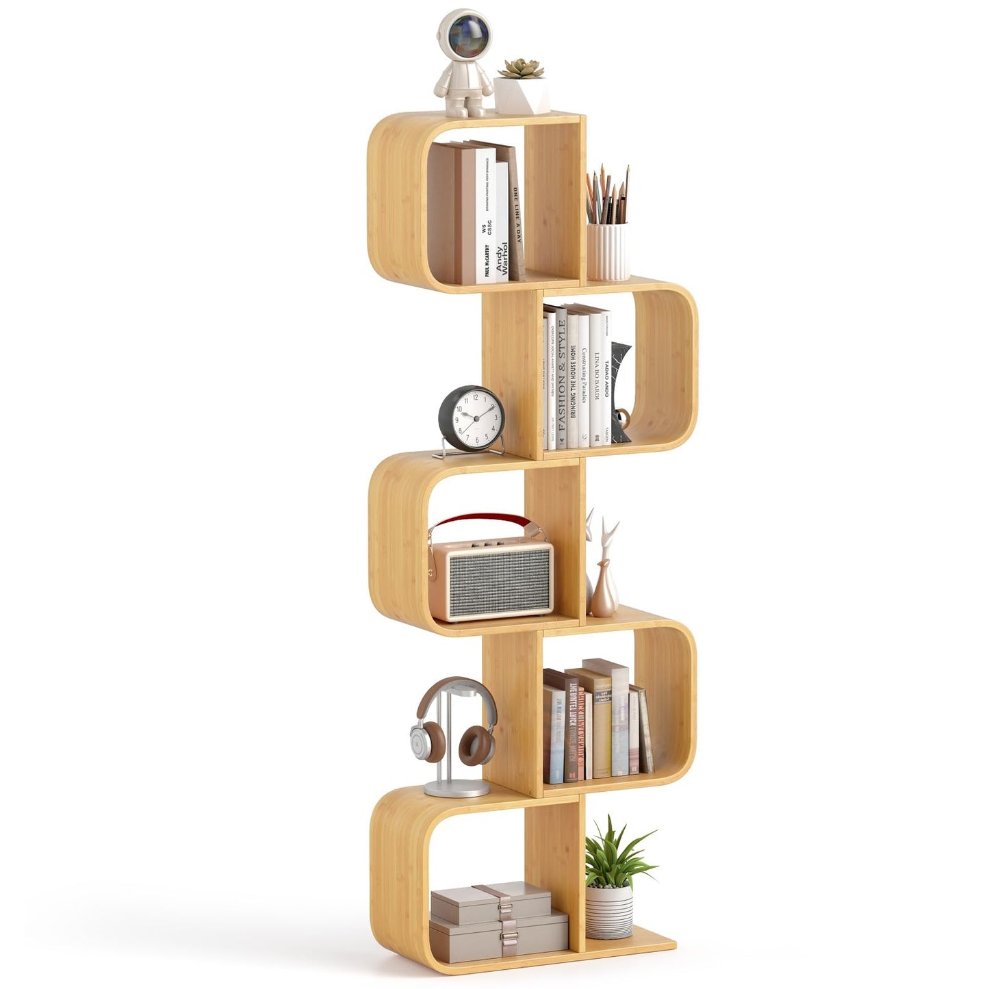 S-vormige Boekenkast – Bamboe Plank – Cube Rek – Geometrische Opbergkast – Decoratieve Wandplank – Duurzaam Natuurlijk Materiaal – Compact Ruimtebesparend Design
