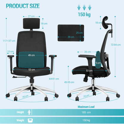 Ergonomische Bureaustoel – Bureaustoel Met Lendensteun – Bureaustoel – Comfortabele Werkstoel – Draaistoel – Verstelbare Hoofdsteun – Ademend Mesh – Draagkracht 150kg