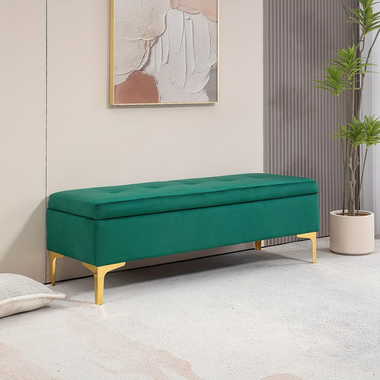 Poef – Zitzak – Voetenbankje – Kruk – Bankje – Opbergruimte – Fluwelen Bekleding – 120x44x44,5 cm – Metalen Poten – Groen