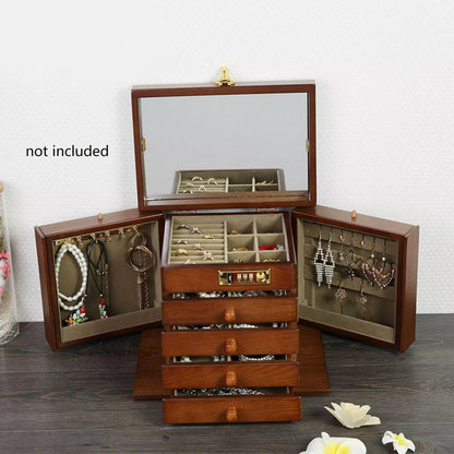 Goodslinesshop WooDerson 5-Tier Brown Wooden Jewelry Box with Password Lock & Carvings Design - 4-Drawer Large Capacity Jewelry Organizer with Mirror, Soft Lining & Golden-Toned Hardware, Elegant Desktop Storage for Earrings,