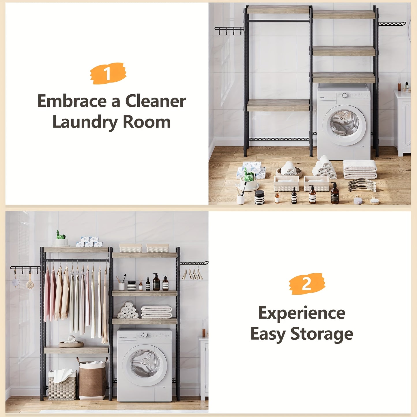 Heavy-Duty Freestanding 5-Tier Double Row Over Washer and Dryer Shelves - Adjustable Laundry Storage Organizer with Clothes Drying Rack, Space-Saving Washer/Dryer Shelf for Front/Top Load Machines, Easy Assembly (No Brackets)