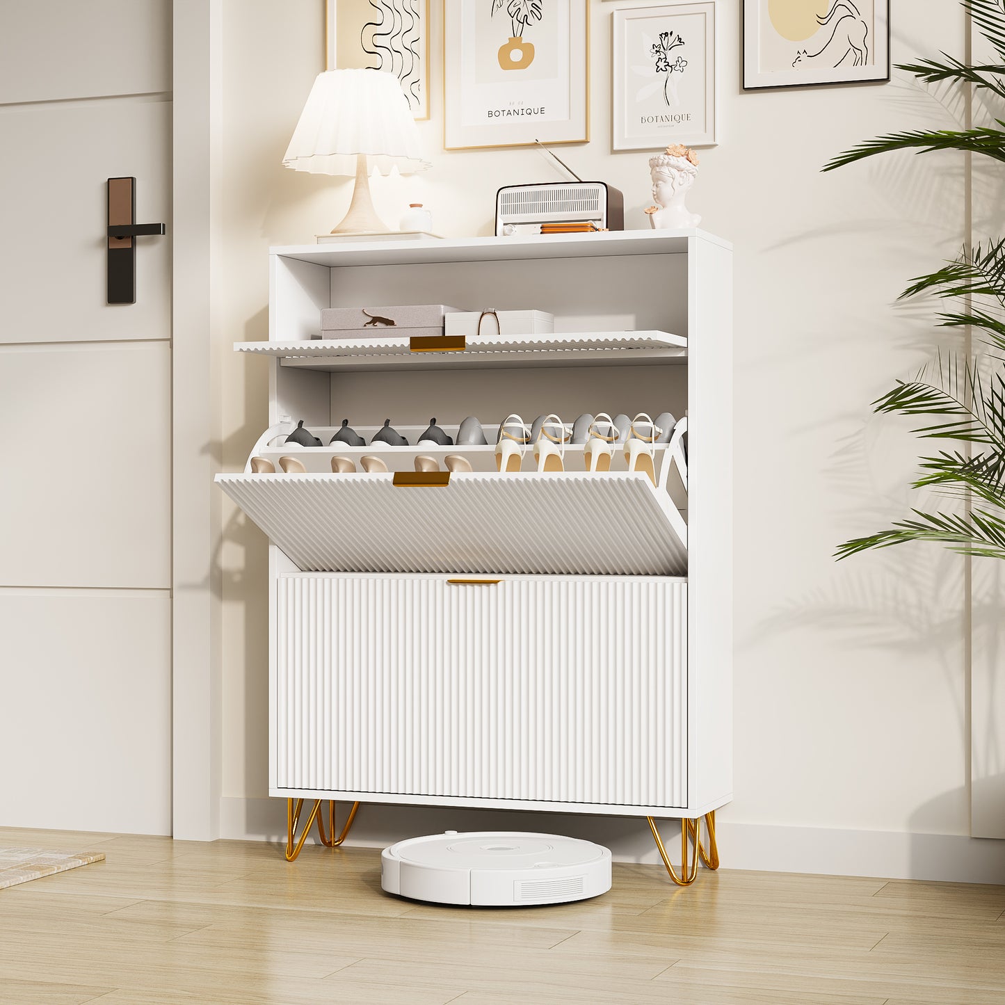 Schoenkast – Schoenmeubel – Schoenopberger – Halmeubel – Kast Voor Schoenen – Met 3 Opbergvakken – Hoogwaardig MDF Met Metalen Accenten – Compact 80x24x118,5 cm – Wit