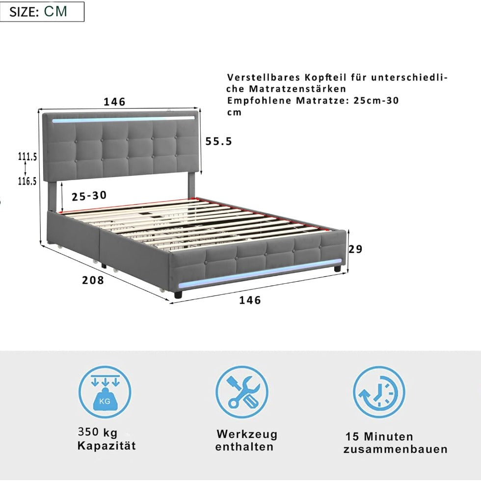 Tweepersoonsbed 140x200 – Gestoffeerd Bed – Led-Bed – Opbergbed – Bed Met Lattenbodem – Linnenstof – 2 Usb-Laadpoorten – 4 Ruime Lades