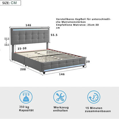 Tweepersoonsbed 140x200 – Gestoffeerd Bed – Led-Bed – Opbergbed – Bed Met Lattenbodem – Linnenstof – 2 Usb-Laadpoorten – 4 Ruime Lades