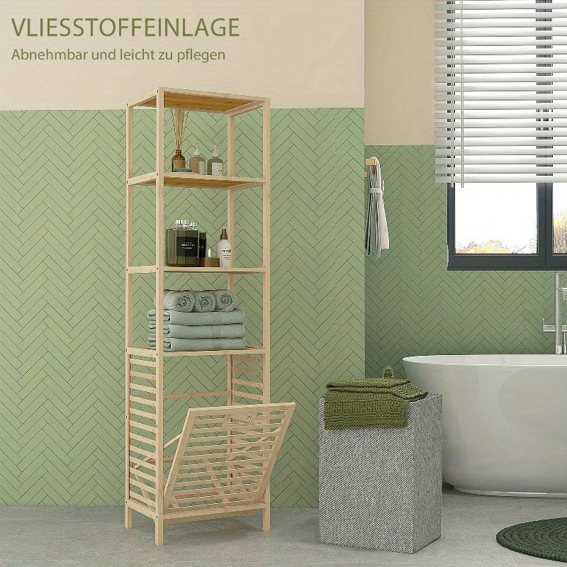 Badregal – Opbergrek – Bamboo Kast – Badkamermeubel – Plankenrek – Ruimtebesparend – Met Uitneembare Stoffen Manden – 44x33x160 cm Stabiel Met Metaalversterking