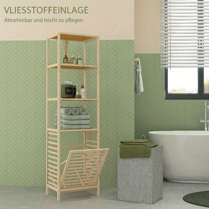 Badregal – Opbergrek – Bamboo Kast – Badkamermeubel – Plankenrek – Ruimtebesparend – Met Uitneembare Stoffen Manden – 44x33x160 cm Stabiel Met Metaalversterking