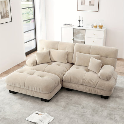 Living Room Cloud Corner Sofa, Chenille Loveseat with 2 Lumbar Cushions And 2 Decorative Pillows, Upholstered Sofa with Wide Armrests And Footstool