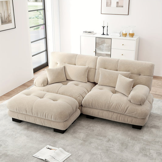 Living Room Cloud Corner Sofa, Chenille Loveseat with 2 Lumbar Cushions And 2 Decorative Pillows, Upholstered Sofa with Wide Armrests And Footstool