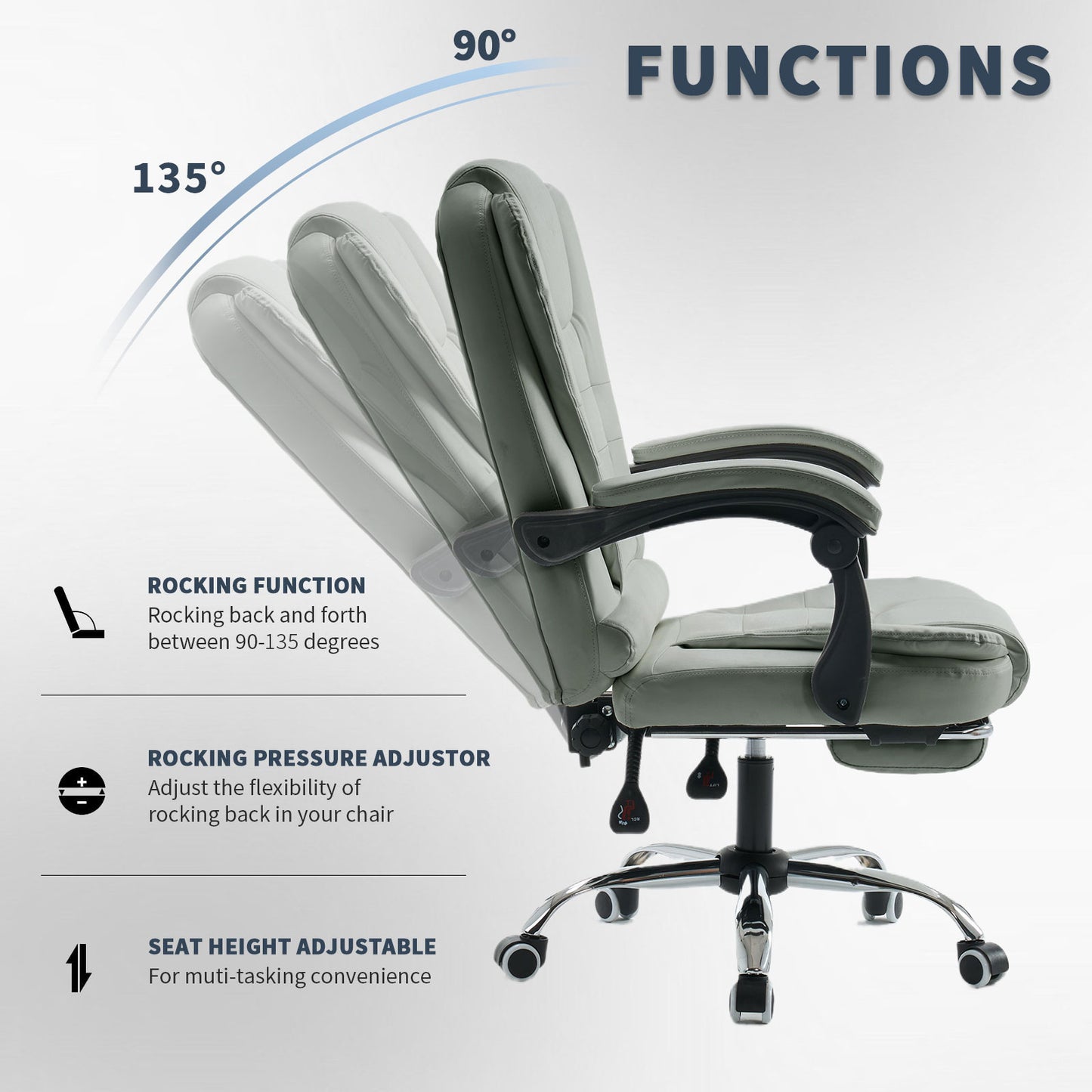 Bureaustoel – Werkstoel – Computestoel – Deskchair – Kantoorstoel – Hoogte Verstelbaar – Memory Foam Zitting – Uitschuifbare Voetensteun – Lederlook Bekleding – Donkergrijs