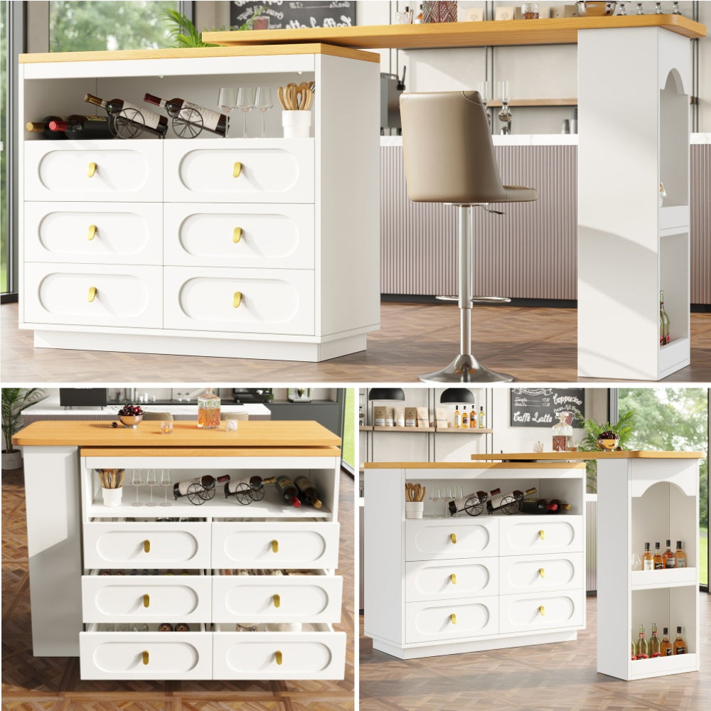 Modern White Metal Storage Island with Extendable Bar Table - Adjustable Height (138-203cm), 360° Rotating Countertop, Multi-Drawer & Open Shelf Storage, Space-Saving Design for Kitchen, Living Room, Dining Area - Heavy-Duty