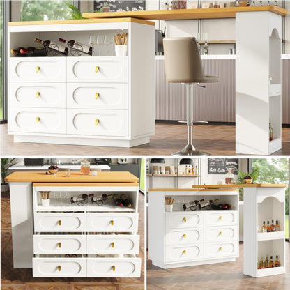 Modern White Metal Storage Island with Extendable Bar Table - Adjustable Height (138-203cm), 360° Rotating Countertop, Multi-Drawer & Open Shelf Storage, Space-Saving Design for Kitchen, Living Room, Dining Area - Heavy-Duty