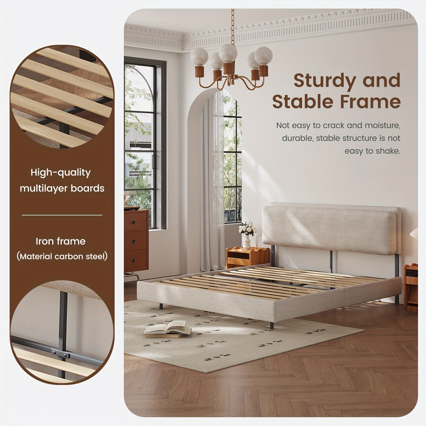 Bedframe – Bedbodem – Ledikant – Tweepersoonsbed – Slaapbank – 180x200 cm – Houtlook Met Metalen Poten – Geen Boxspring Nodig – Eenvoudige Montage – Beige Grijs