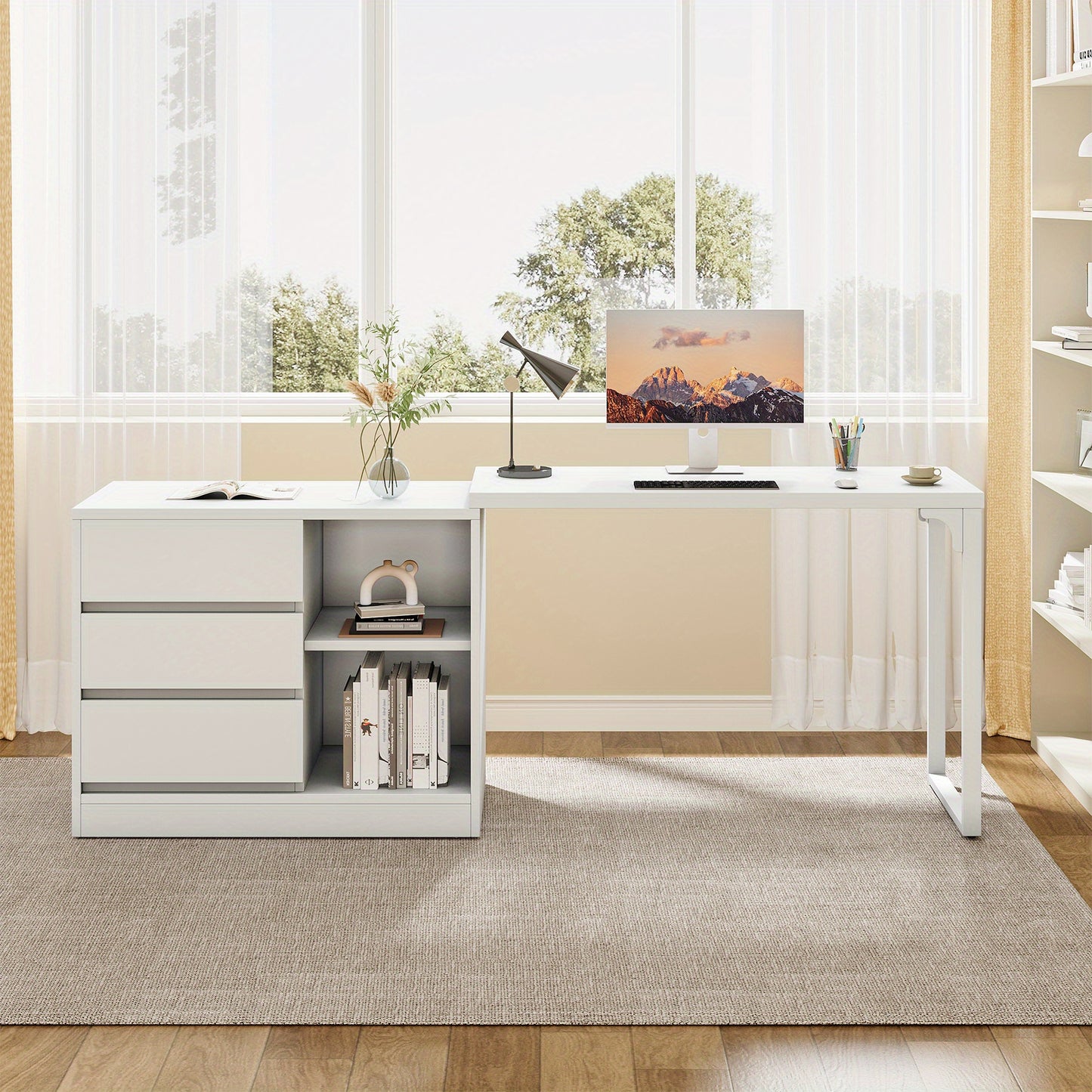 Make-up Tafel – Kaptafel – Visagie Tafel – Dressing Table – Vanity Desk – Wit – 3 Lades & 2 Planken – Ruimtebesparend Hoekontwerp