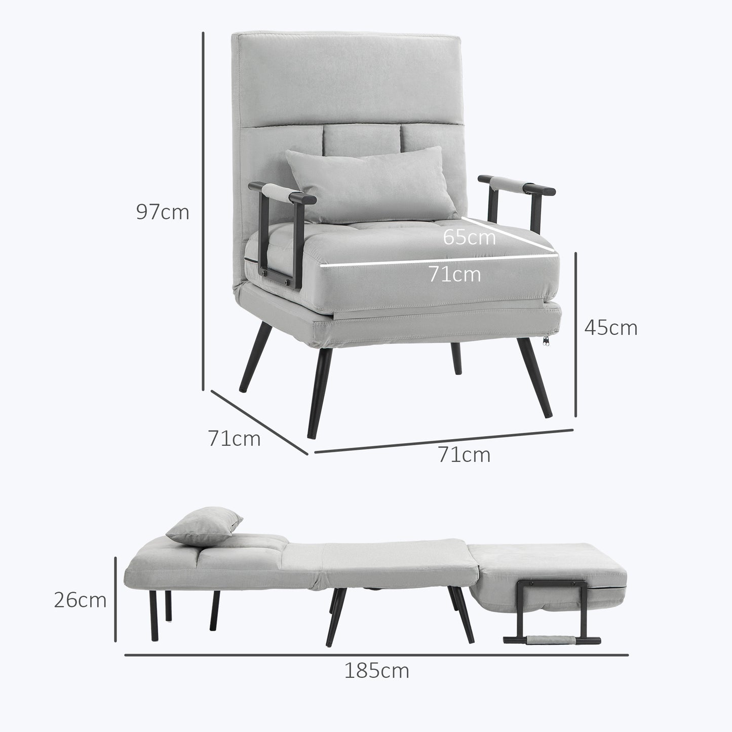 Bedbank – Slaapstoel – Slaapbank – Fauteuil – Logeerbed – Verstelbare Rugleuning 5-standen – Fluweelachtige Bekleding Grijs