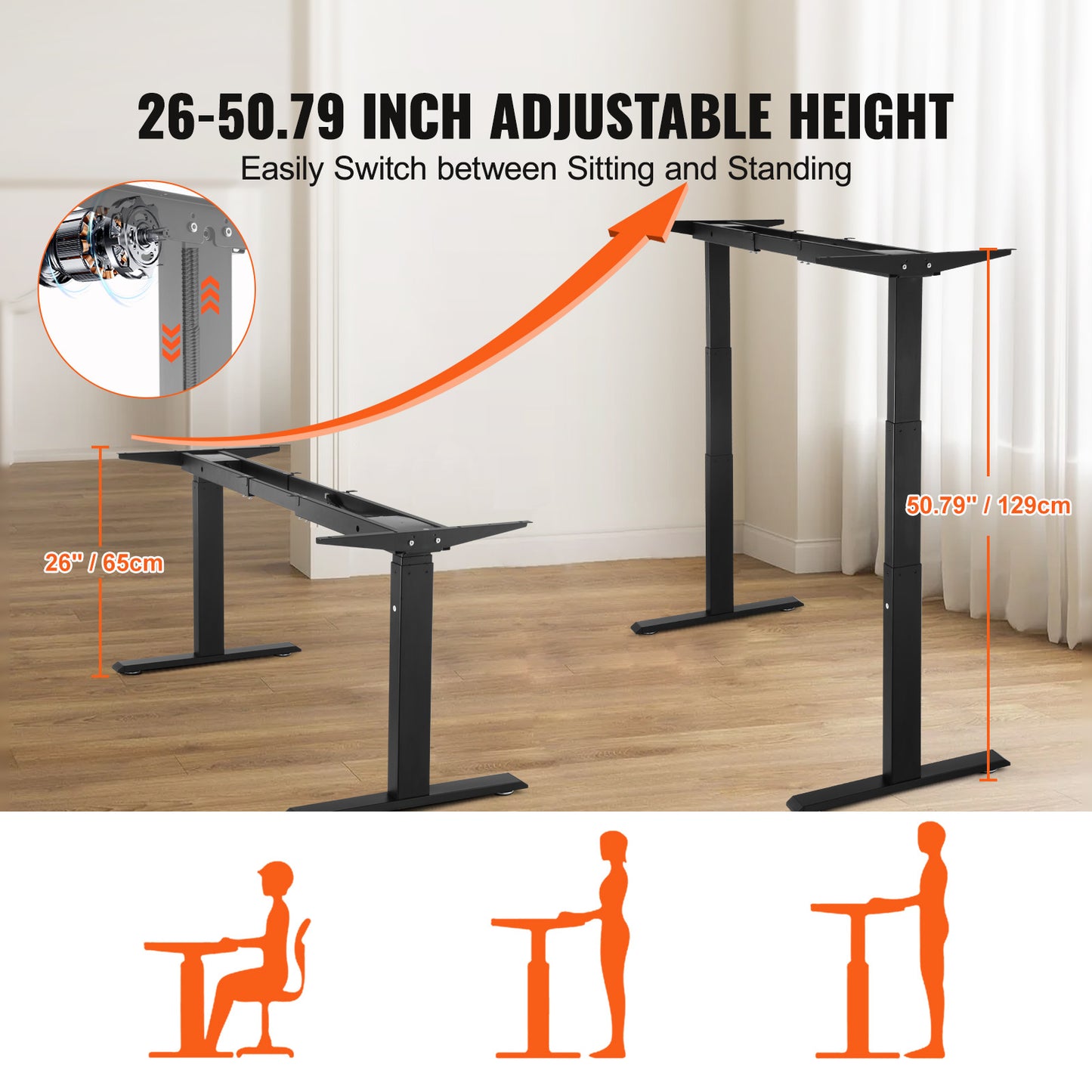 Elektrisch Zit-Sta Bureauframe – Verstelbaar Bureauframe – Bureau Onderstel – Zit-Sta Bureau – Hoogte Verstelbaar Bureau – Dubbele Motor – SPCC Staal 65-129 cm Hoogte - Zwart