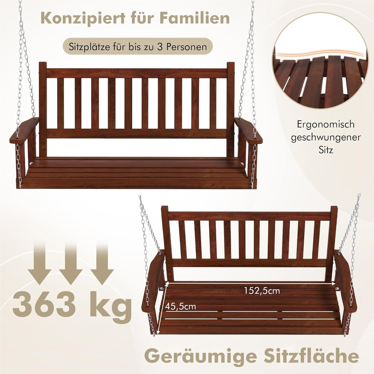 Houten Schommelbank – Tuinbank Schommel – Hangbank – Terrasbank – Hollywoodschommel – 3-Zits Tot 360 Kg Draagkracht – Weerbestendig Bruin 168x65x63 cm