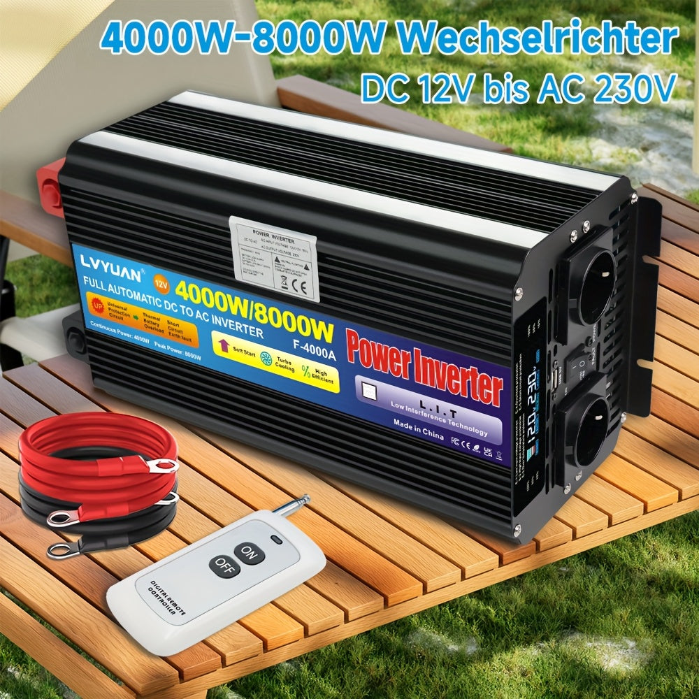 Power Inverter 12V naar 220V – Spanningsomvormer – Omvormer – Converter – Accu Omvormer – 4000W Continu Vermogen – Draadloze Afstandsbediening