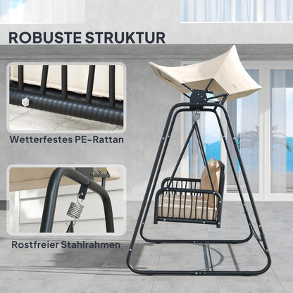 Tuinbank – Buitenbank – Loungebank – Tuinmeubel – Schommelbank – 2-Zits Rattan Hollywood Schommel – Inklapbaar Zonnescherm – Comfortabel Met Kussen – Draagvermogen 240 kg – 149x121x180 cm – Khaki
