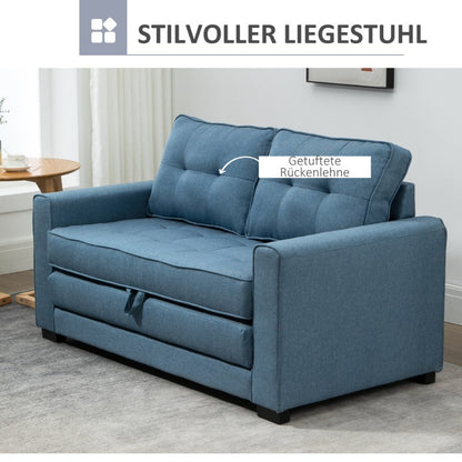 Slaapbank – 2-Zitsbank – Bedbank – Uitklapbank – Zetelbed – Linnen Look Stof – Inklapbaar – Rubberen Houten Frame – Blauw – Compact 147,5x75x85 cm
