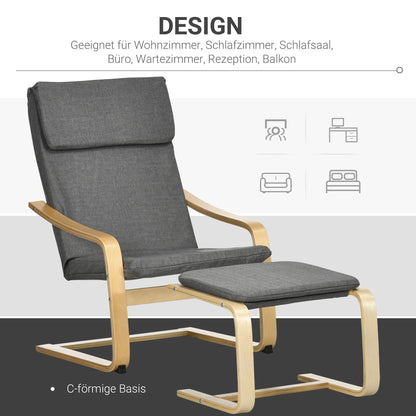 Fauteuil – Relaxstoel – Leunstoel – Zitzak – Armstoel – Met Voetenbank – Linnen Look – Massief Hout – Draagvermogen 120 Kg – Grijs/Natuurlijk