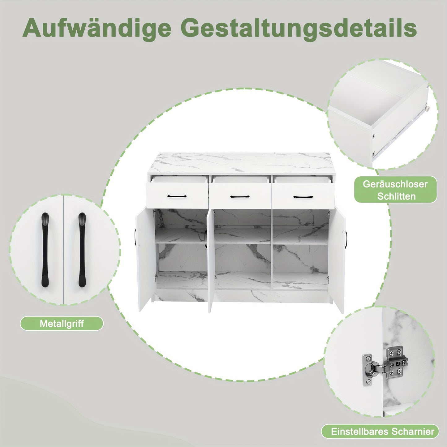 Grote Keukenisland – Keukeneiland – Buffetkast – Modern Meubel – Eilandkast Wit Marmer – 120x60x90,5 cm – Soft-Close Lades – Verstelbare Planken