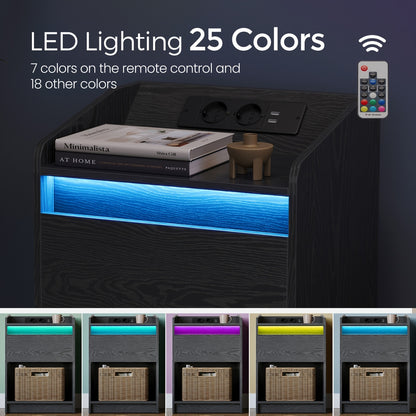 Nachtkastje – Bedside Table – Bijzettafel – Opberglade – Sfeerverlichting – Met LED-Verlichting En Oplaadstation – 2 USB-Poorten En Stopcontacten – Set Van 2 – 35x40x58 Cm – Stevig Hout – Zwart
