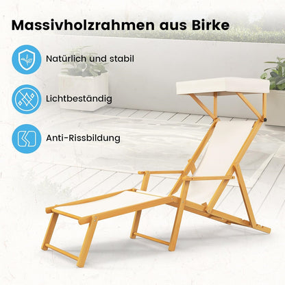 Ligstoel – Tuinstoel – Strandstoel – Zonnenligstoel – Lounger – Inklapbaar – Berkenhout – Verstelbare Rugleuning – Zonnescherm – Inclusief Reserveonderdelen – Beige Natural