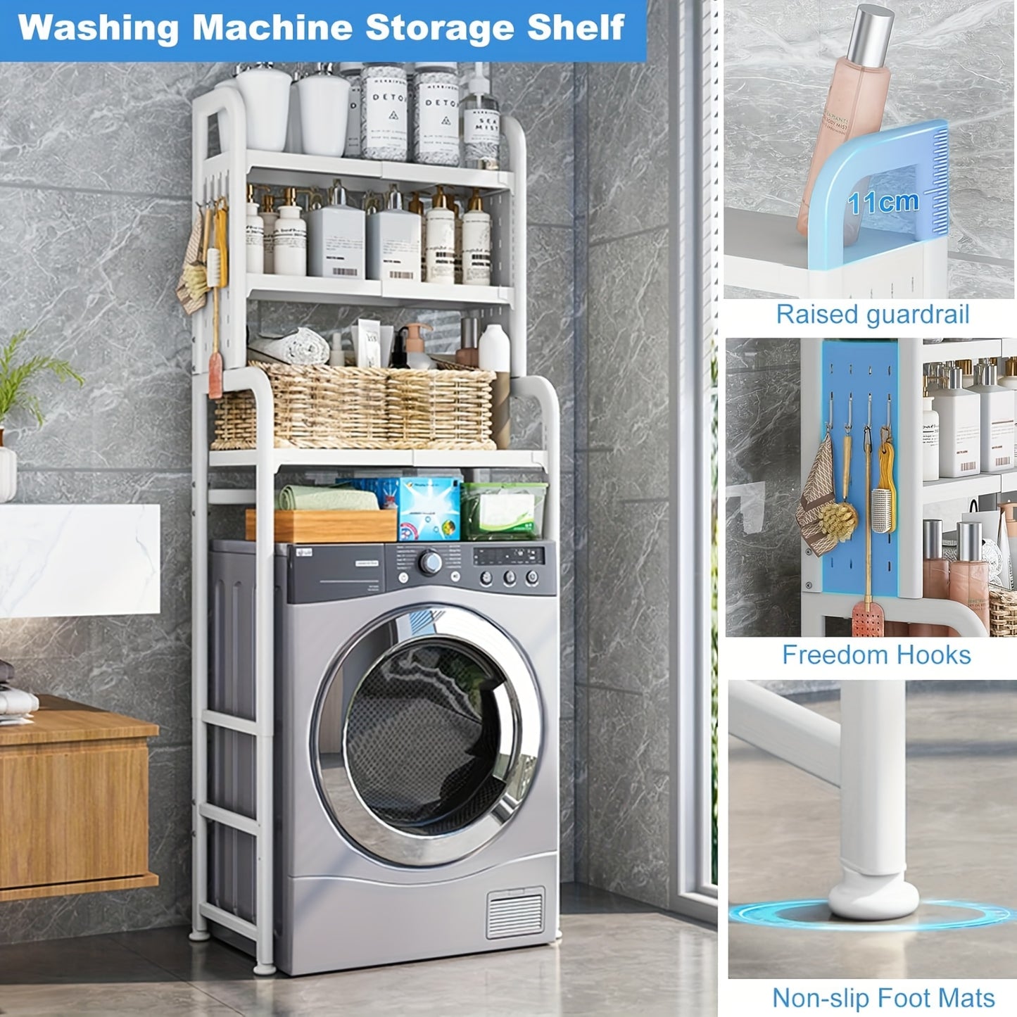 Opbergrek Wasruimte – Wasmachine Rek – Opslagrek – Badkamerrek – Stelling – Verstelbaar 155-185 cm – Metalen Staal – Antislipvoeten – 3 Planken – Wit